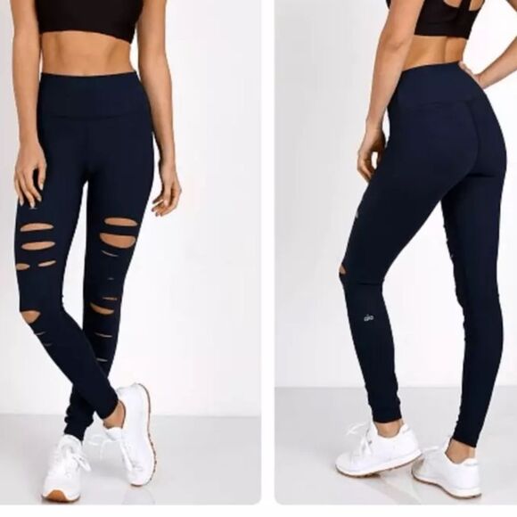 ALO YOGA High Waist Ripped Warrior Legging size XS Black NWT $128 - Picture 1 of 7